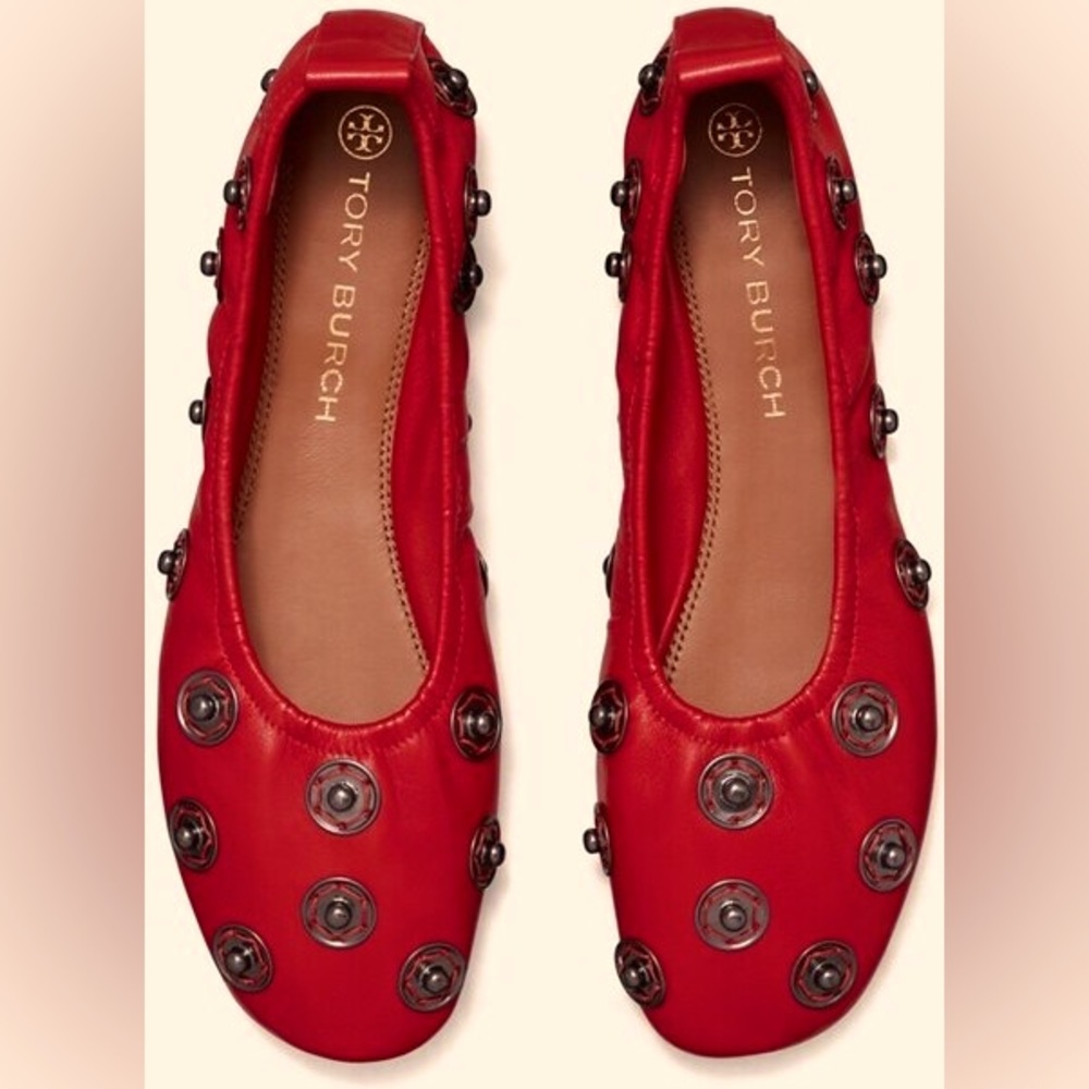 Tory Burch Tory Red Eyelet Snap Nappa Leather Ballet Flat